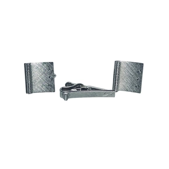 Vintage Swank Etched Silver Tone Cufflinks & Tie Bar Set (5895) - Picture 1 of 8